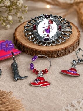 Red Hat Society Charm Earrings with Purple Beads